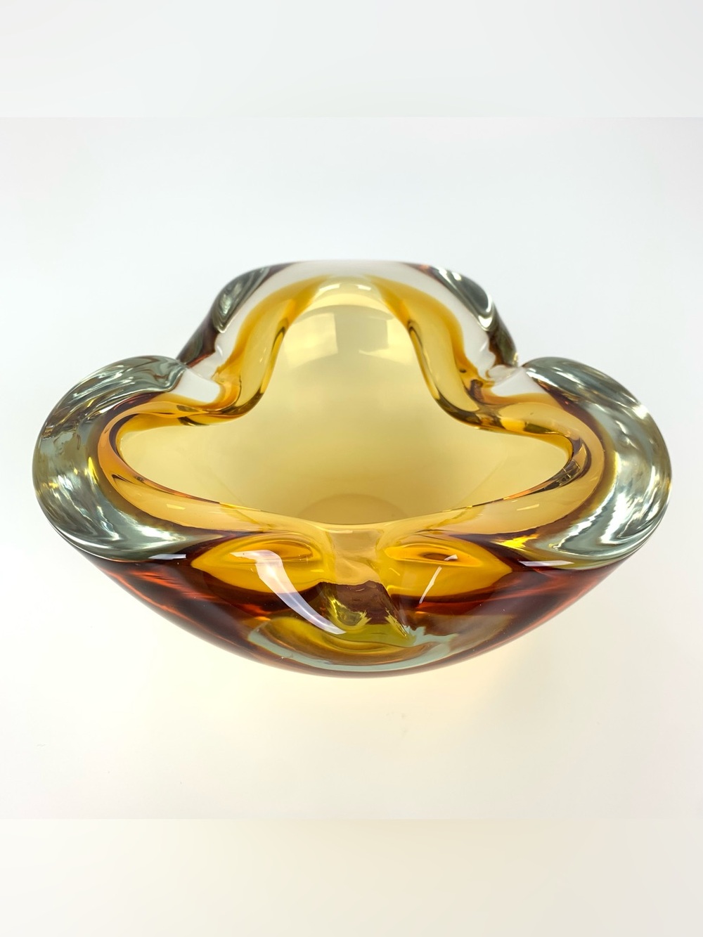 Alfredo Barbini Murano Glass Ashtray Bowl Clear Amber Honey MCM Vtg Sommerso